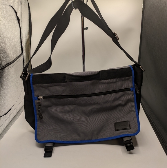 Gray and Black Messenger Bag with Blue Trim Fossil - Picture 1 of 8